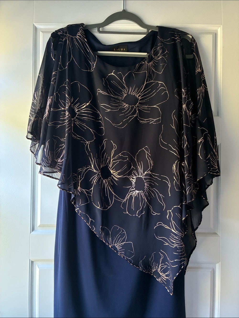 LAURA Navy Midi Dress with Blush Floral Chiffon Overlay